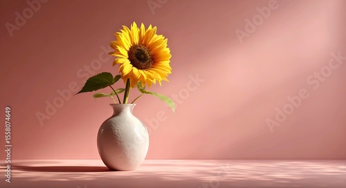 A single bright yellow sunflower in a white vase sits on a pink surface with light streaming from the side creating dappled shadows