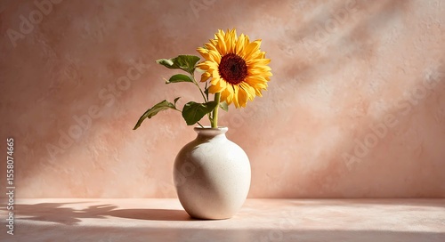 A single vibrant yellow sunflower in a textured white ceramic vase sits on a pink surface with dappled light and shadow