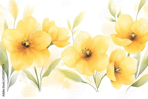 Vibrant Yellow Flowers with Green Leaves in Soft Watercolor Style for Nature Lovers