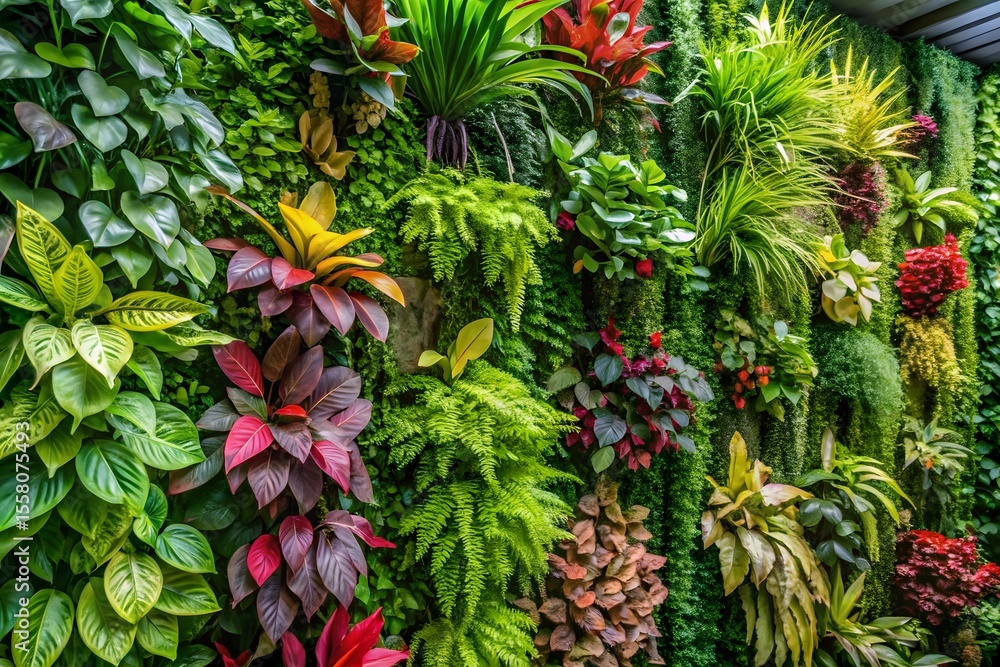 Lush vertical garden displaying a vibrant tapestry of diverse greenery and colorful foliage Lush vertical garden displaying a vibrant tapestry of diverse greenery and colorful foliage