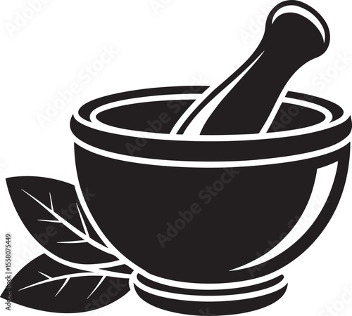 Black silhouette of a mortar and pestle with leaves isolated on white background