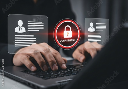Employee confidentiality concept. Person use laptop with virtual padlock icon with confidential word to access documents data and cyber security for managing corporate files and employee information.