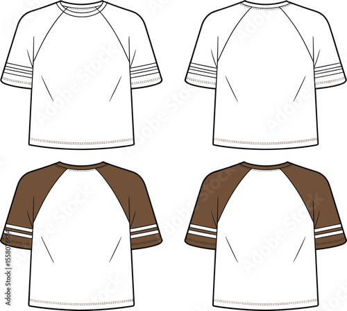 Women's Raglan Sleeve T-Shirt Flat Sketch Template Design, Sporty Casual Apparel, Baseball Tee Style, Striped Short Sleeves, Modern Basic Top, Vector Illustration, Fashion Design Resource.
