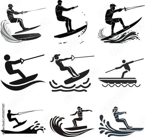 Wakeboarder Jumping Behind Speedboat - Silhouette Vector Illustration.