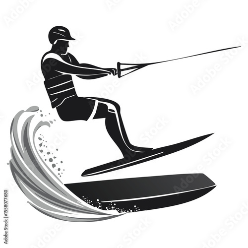 Water Recreation Scene: Wakeboarder and Speedboat - Vector Illustration
