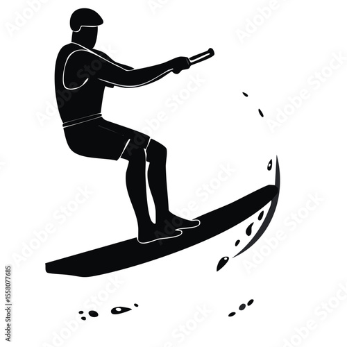 Wakeboard Jump Behind Speedboat - Silhouette Vector Art
