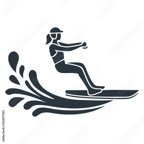 Surfing Icon: Wakeboarder in Action Behind Speedboat - Vector
