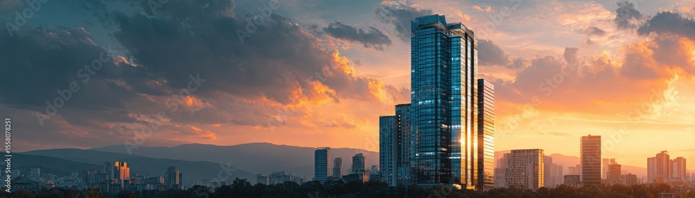 Fototapeta premium A panoramic view of a city skyline at sunset with modern skyscrapers reflecting warm light under a dramatic cloudy sky.