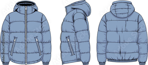  Blue puffer jacket technical flat sketch, front side back view, winter outerwear design, fashion template, vector apparel illustration, zipper detail

flat vector illustration