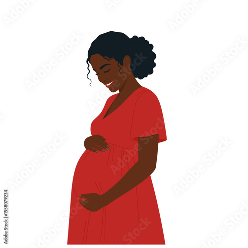 Beautiful pregnant black woman hugging her belly, concept of pregnancy and motherhood, vector illustration for doula, obstetrics, doctor. Modern landing page in flat cartoon design.