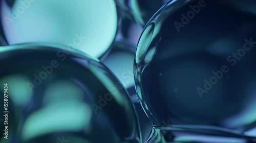 Abstract Spheres with Blue Green Hue and Reflective Surface in a Macro Shot a Glass Bubble Liquid Rendered 3D Shape