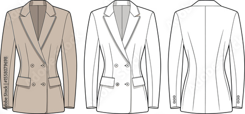 Double breasted women blazer flat sketch, front and back view, tailored formal jacket design, fashion template, vector technical drawing illustration

 flat vector illustration