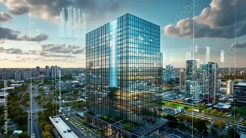 Modern skyscraper reflecting clouds and cityscape, showcasing urban development and technology