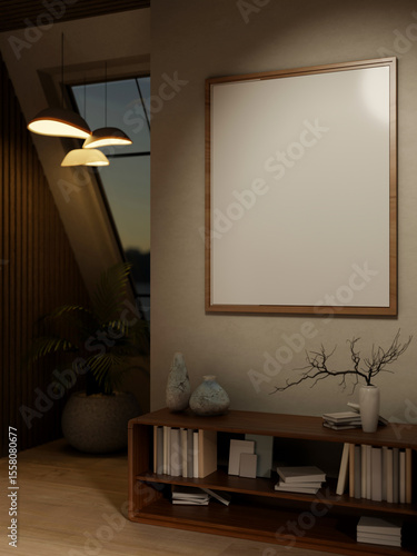 Blank frames hanging over wooden bookshelf at the end of corridor or hallway under lamp and window.