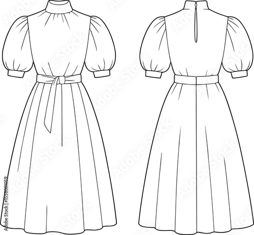 Flat fashion sketch of elegant puff sleeve midi dress, high neck, belted waist, vintage silhouette, technical front and back view

 flat vector illustration