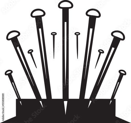 Collection of sewing pins and needles arranged in a fan shape silhouette isolated on white background