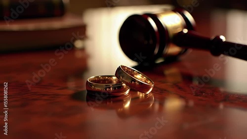 Close Up of Golden Wedding Bands and Wooden Gavel on Wooden Table with Book in the Background