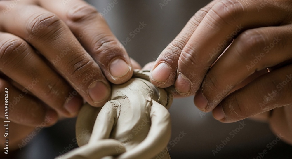 Fototapeta premium Sculptor's hands delicately shaping clay figure, artistic creation in progress