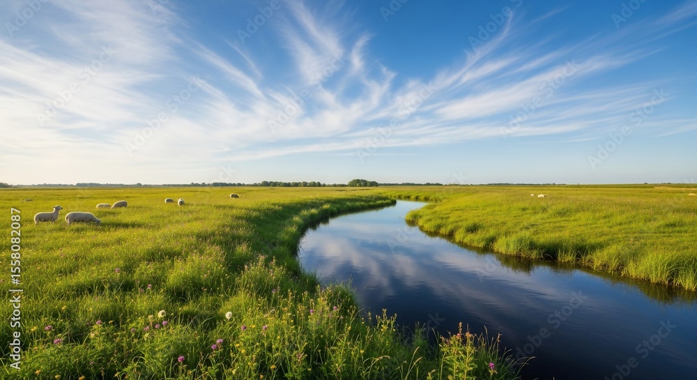 Obraz premium Serene pastoral landscape with grazing sheep, winding river, and dramatic cirrus clouds