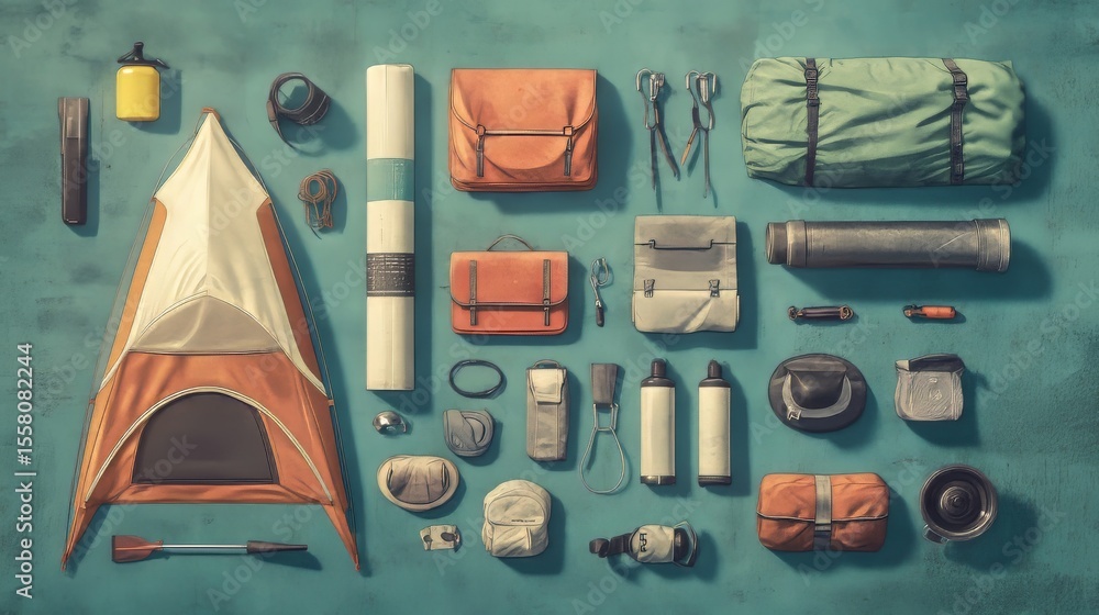 Knolling-style layout of camping equipment Knolling-style layout of camping equipment
