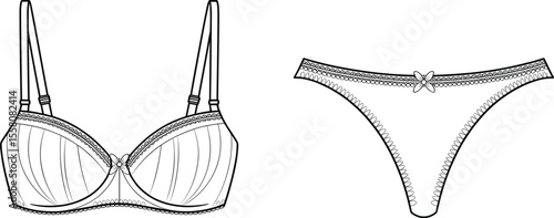 Lingerie Bra Thong Flat Fashion CAD Template Vector Top View Technical Drawing