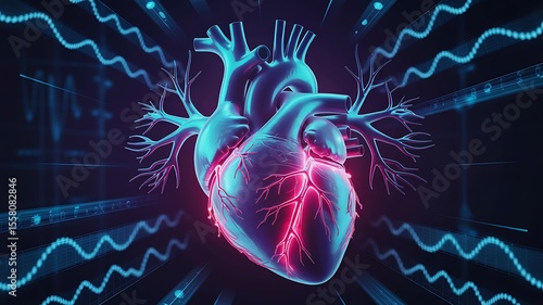 Neon Human Heart Anatomy Visualization, Digital Art