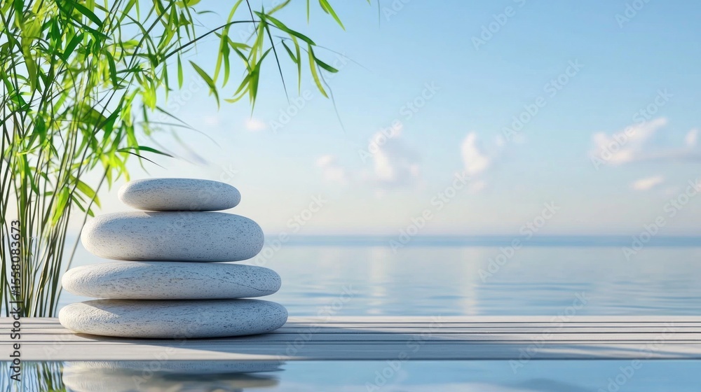 Obraz premium Zen stones balanced on a wooden platform by a serene body of water with a bamboo plant in the background.