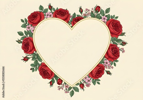 Romantic Heart Shaped Frame Adorned with Lush Red Roses and Delicate Pink Blossoms