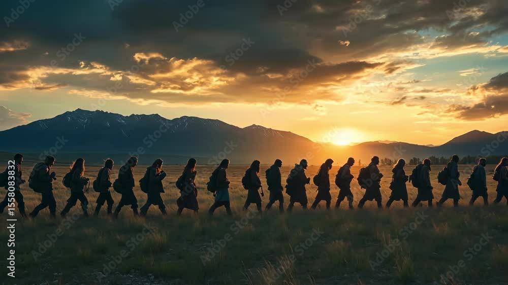 Silhouetted hikers against a stunning sunset and mountain backdrop. Silhouetted hikers against a stunning sunset and mountain backdrop.