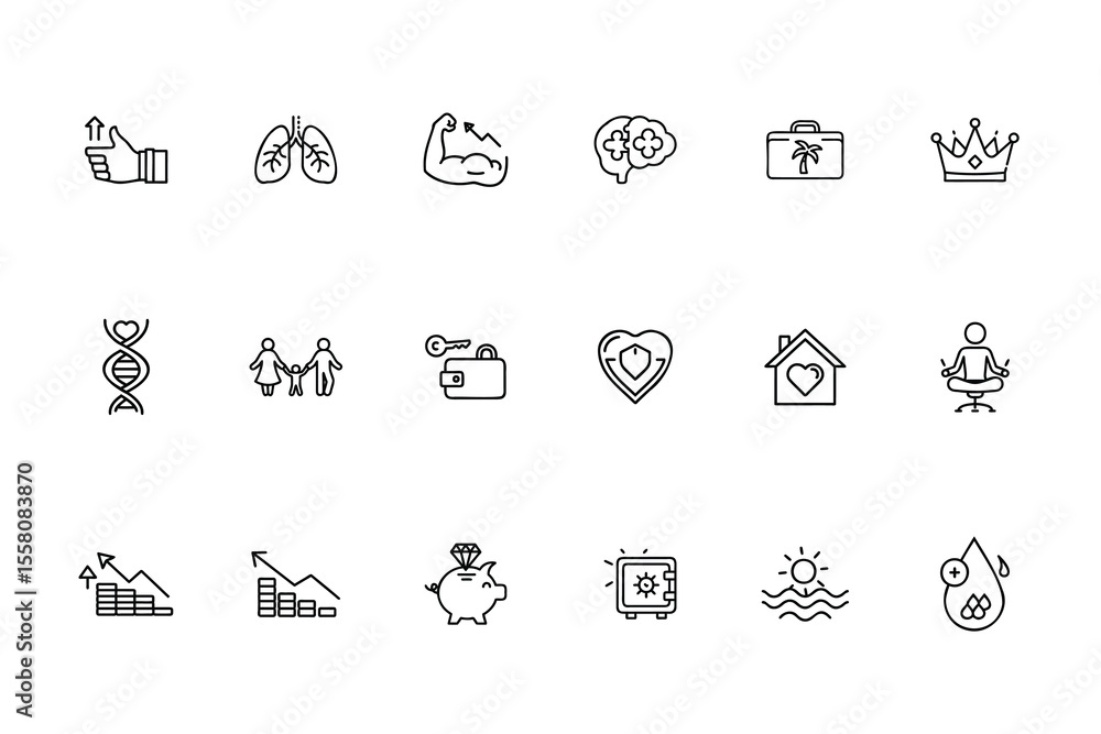 Fototapeta premium Line icons representing health wealth lifestyle including lungs brain family home piggy bank