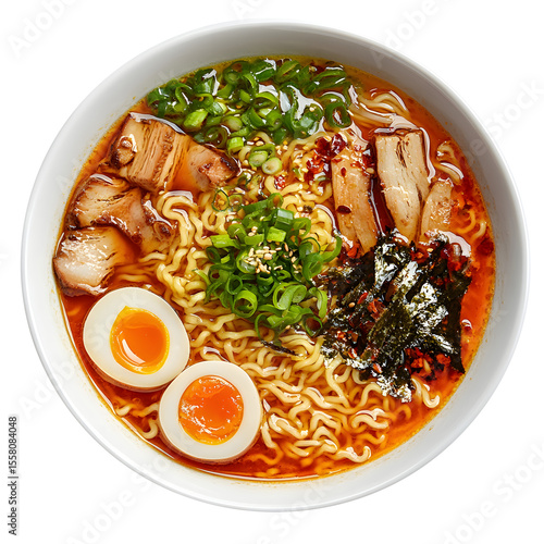 Japanese ramen soup with noodles , top view. Traditional Asian cuisine isolated on a white background