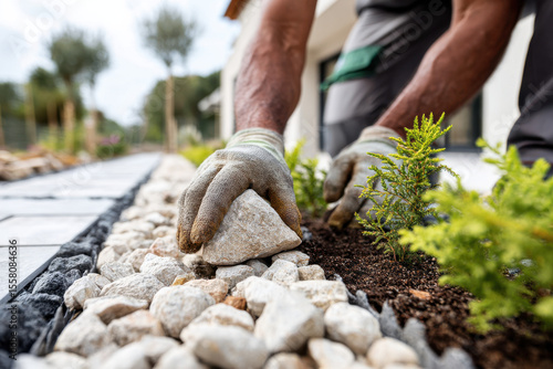 Landscaper designing a backyard in a residential area
