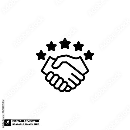 A graphic of a handshake with five stars above it representing a successful business partnership deal