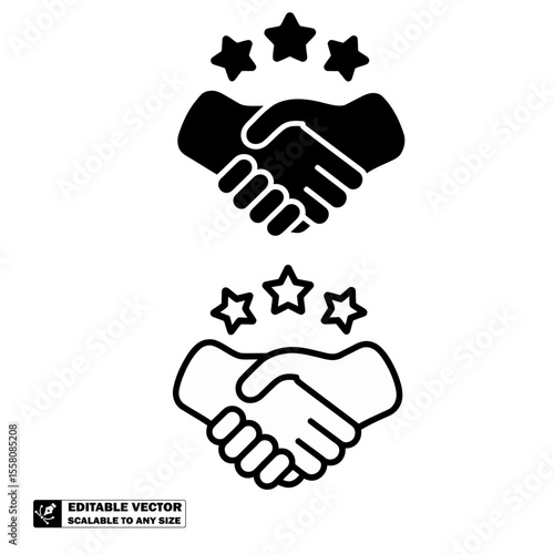 Two handshake icons with three stars above them in black and white vector illustration style
