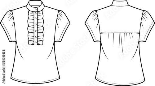 Technical flat sketch of short sleeve blouse with ruffle front button placket, high neck, back yoke detail, feminine fashion vector

 flat vector illustration