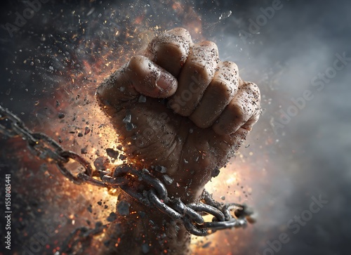 Fist breaking chains with an explosive background, a concept of freedom and power.