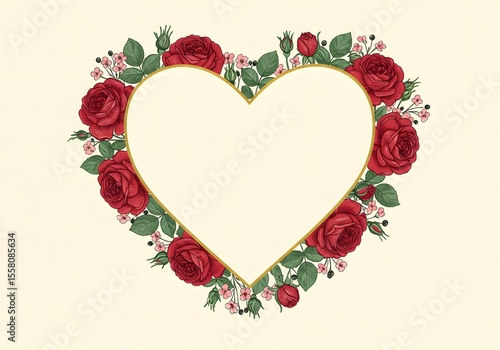 Romantic Red Roses Heart Shaped Floral Frame Design for Valentine's Day Card or Wedding Invitation