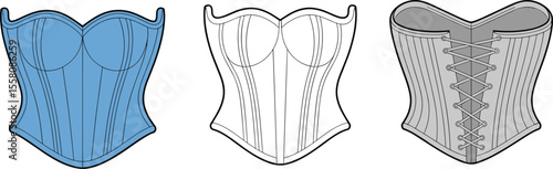 CAD drawing flat vector illustration of corset designs, front and back views, lace-up detail, structured garment sketch, fashion template, lingerie style, technical clothing layout