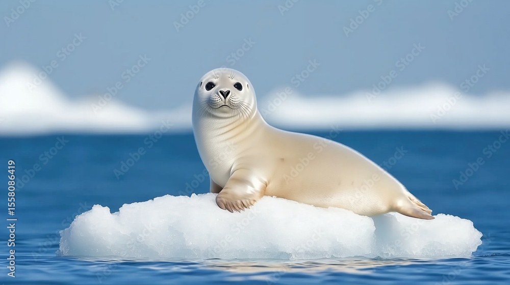Naklejka premium a harp seal lie on a piece of ice with in the background the shore