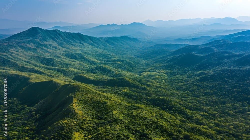 Fototapeta premium Lush Green Mountain Range Aerial View Panoramic Landscape 