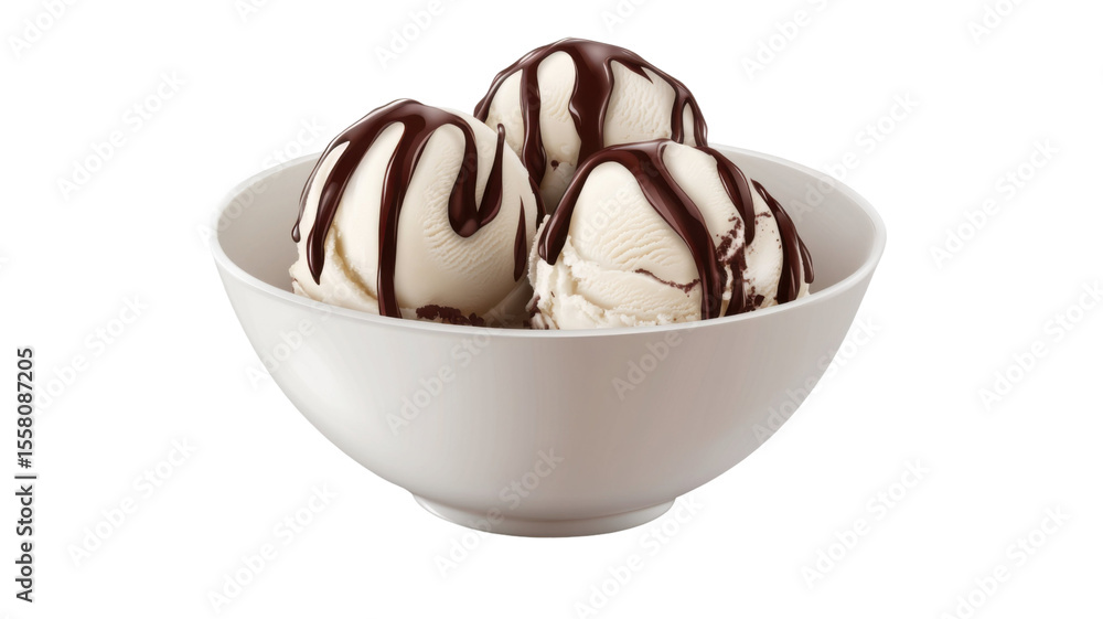 Vanilla ice cream scoop topped with rich chocolate sauce and creamy texture on white background
Vanilla ice cream scoop topped with rich chocolate sauce and creamy texture on white background