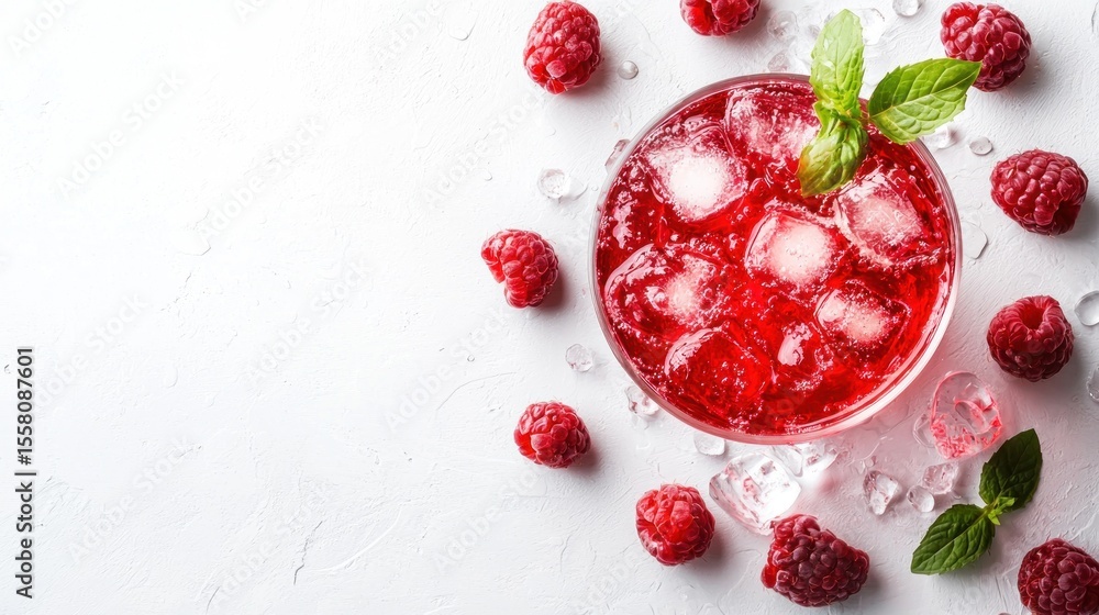 A glass of raspberry iced tea with ice cubes and fresh raspberries on a white background. A glass of raspberry iced tea with ice cubes and fresh raspberries on a white background.