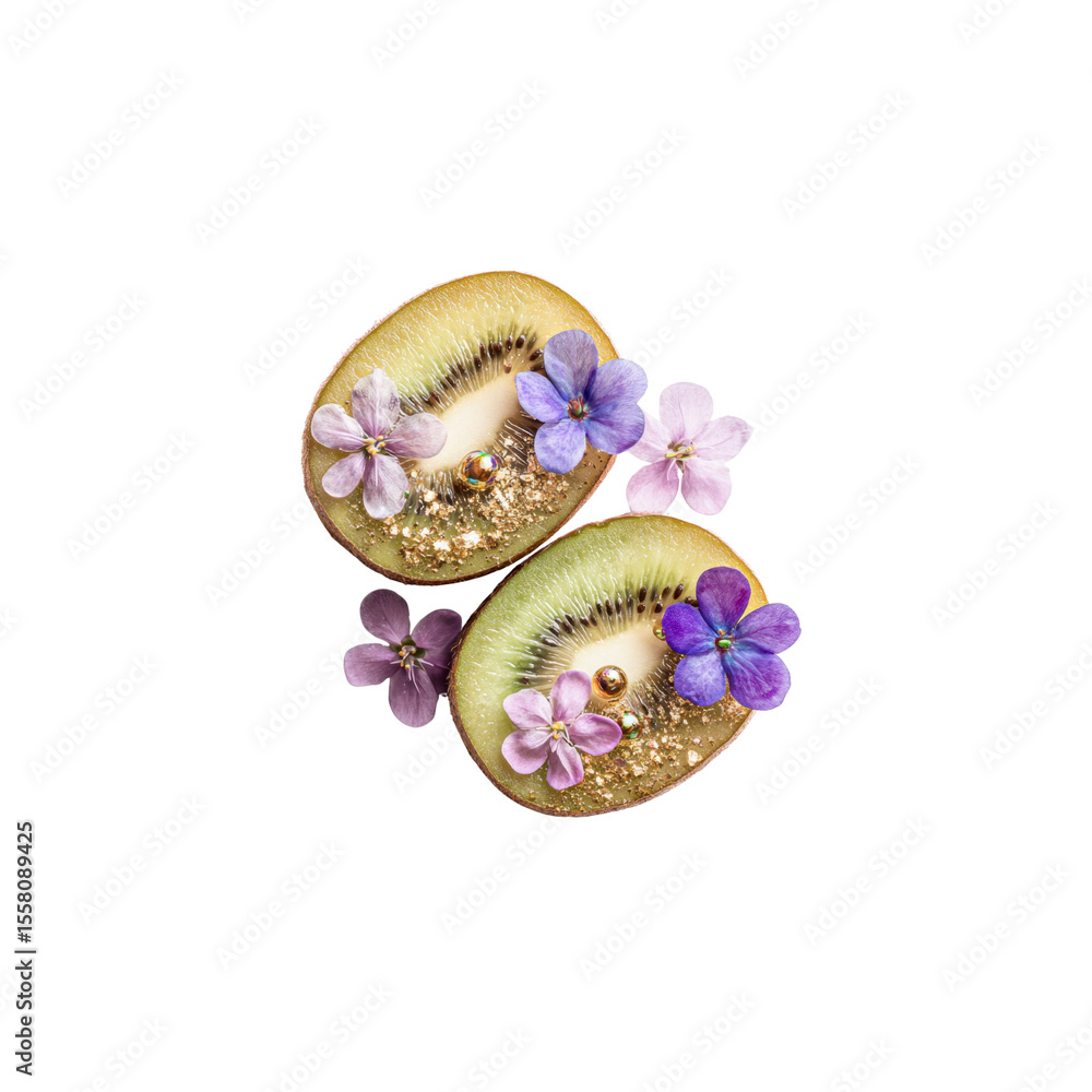 Fototapeta premium Two Kiwi Fruit Slices Decorated with Purple and Pink Flowers and Gold Glitter