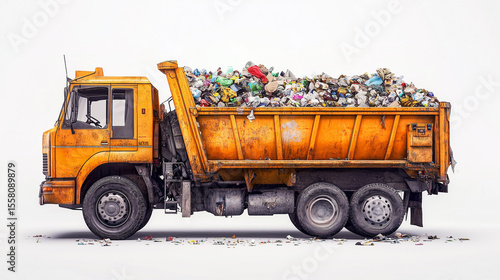 A dump truck is full of trash. The truck is yellow and has a large open dump bed. The trash is piled high and he is a mix of different materials. Concept of waste and pollution