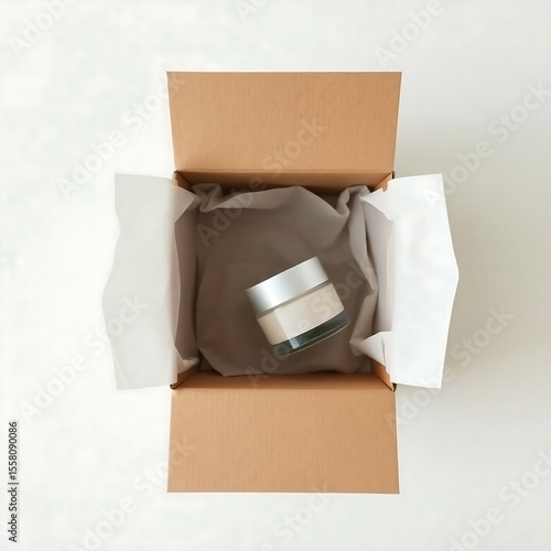 Top view of cosmetics skincare glass jar container placed in brown cardboard box layered by white paper wrapping no logo or brand label for beauty business products mockup
