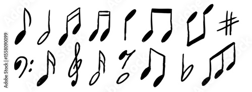 Hand drawn music notes set. Chalk doodled musical symbol collection. Charcoal brush scribbled music sign bundle. Crayon textured sketched music clefs and keys pack. Sound elements. Vector