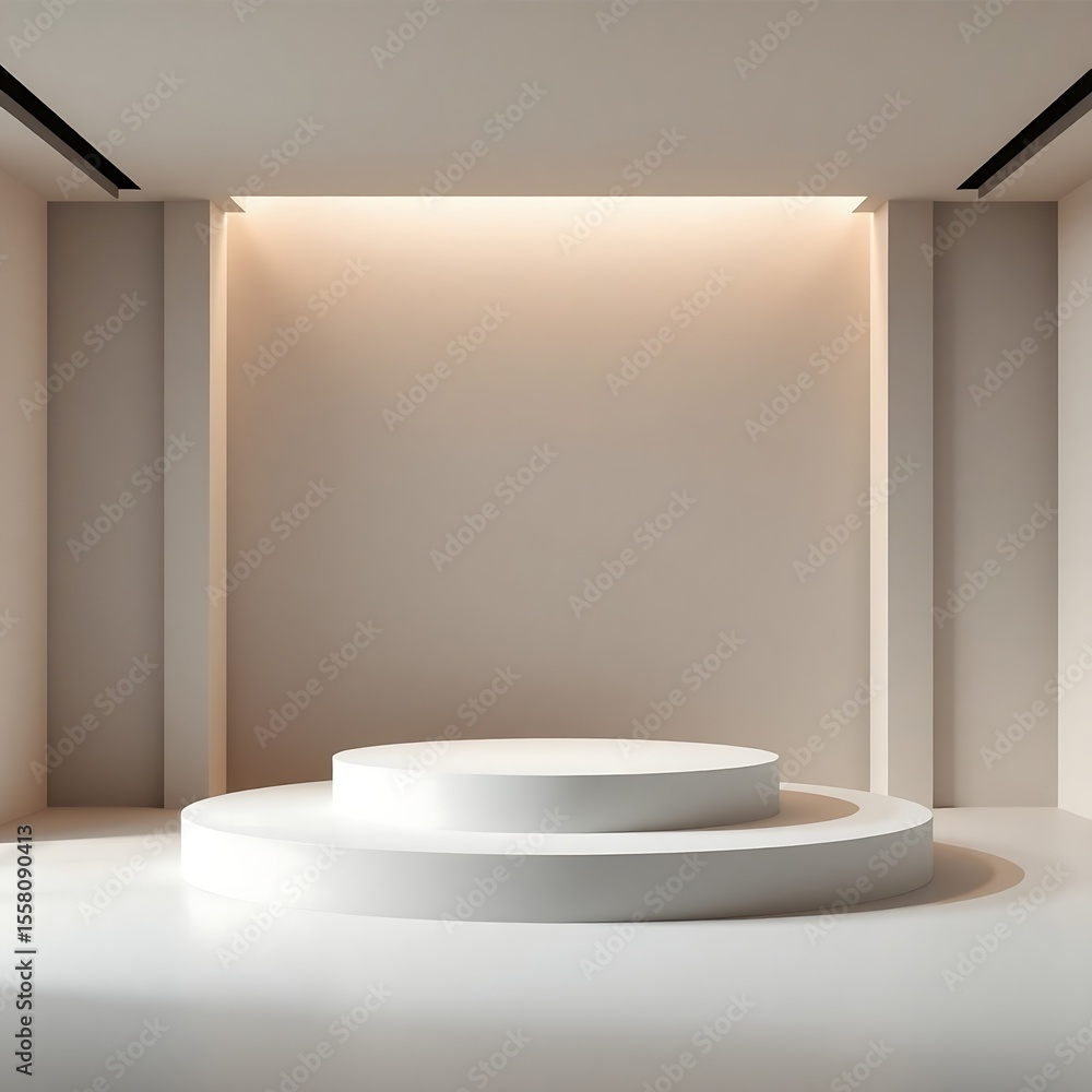 Fototapeta premium Empty white podium in studio gallery room with dim lights and modern interior design for business product marketing and advertisement indoor photography shoot