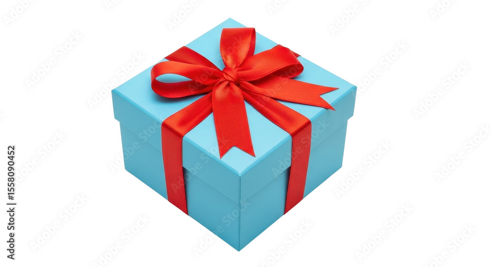 Fototapeta premium Light blue gift box with red satin ribbon bow, elegant square present package for birthday or holiday, isolated decorative gift box on white background