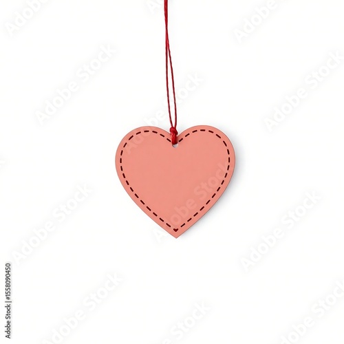 Pastel pink heart tag hanging on a red string with no label or text suitable for cute and feminine product tag and gift notes tag with romantic vibes