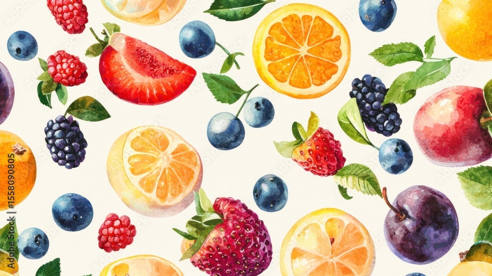 A vibrant fruit pattern featuring oranges, strawberries, blueberries, and raspberries on a white background. A vibrant fruit pattern featuring oranges, strawberries, blueberries, and raspberries on a white background.